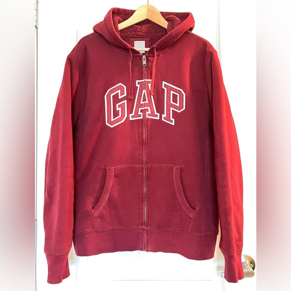 GAP Arch Sherpa Lined Full Zip Hoodie Shiraz Red Maroon Size L Fall Essentials